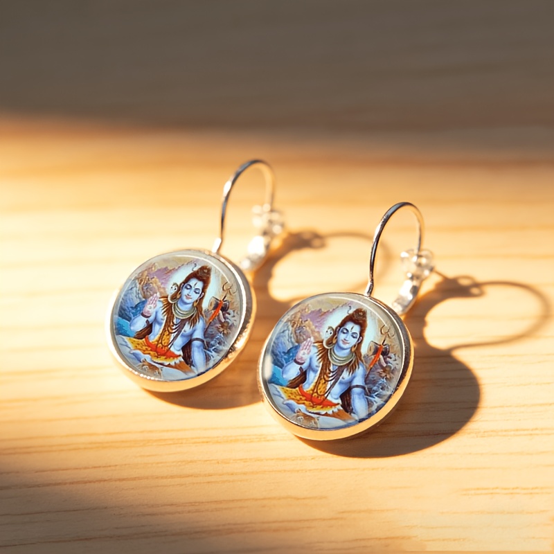 2pcs Round Glass-inlaid White Earrings with Deity Design
